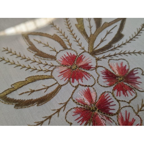 516 - Vintage Tea Tray with Embroidered Base, Wooden Surround, Twin Handles and Metal Decoration