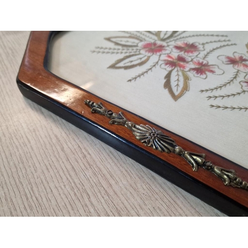 516 - Vintage Tea Tray with Embroidered Base, Wooden Surround, Twin Handles and Metal Decoration