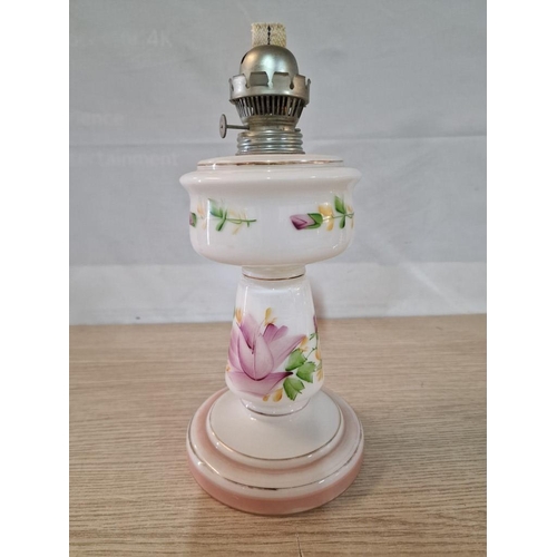 517 - Vintage Pink Opaline Glass Oil Lamp Base with Floral Decoration