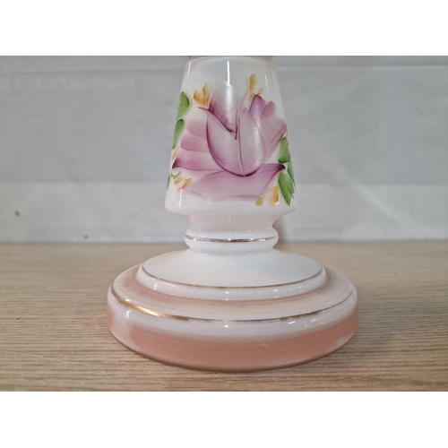 517 - Vintage Pink Opaline Glass Oil Lamp Base with Floral Decoration