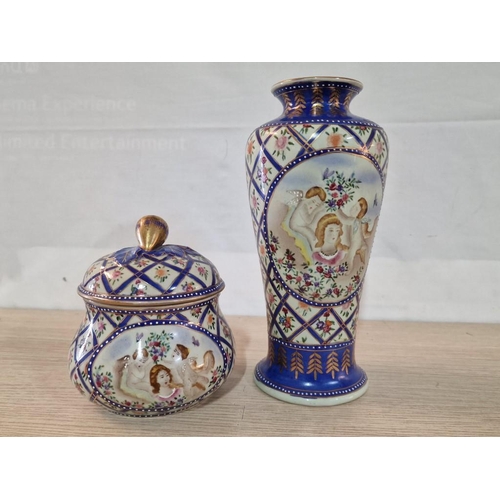 518 - Decorative Vase and Lidded Pot by 'Golden Porcelain' Hand Painted in China, Blue Colour with Flowers... 