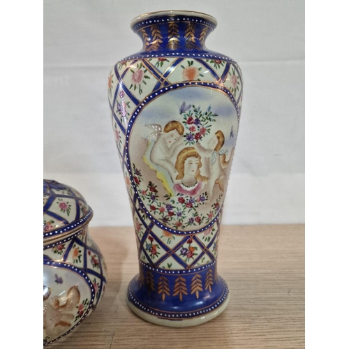 518 - Decorative Vase and Lidded Pot by 'Golden Porcelain' Hand Painted in China, Blue Colour with Flowers... 