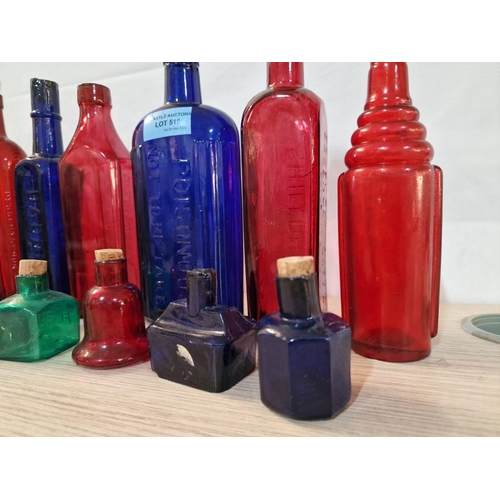 519 - Collection of Assorted Vintage Blue, Red, Green & Clear Glass Bottles, Incl. Early Medicine Bottles ... 