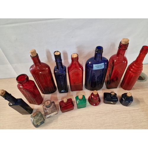 519 - Collection of Assorted Vintage Blue, Red, Green & Clear Glass Bottles, Incl. Early Medicine Bottles ... 