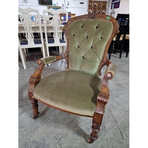 59 - Antique Victorian Spoon Back Open Arm Chair with Button Back Green Fabric, Carved Wood Surround and ... 