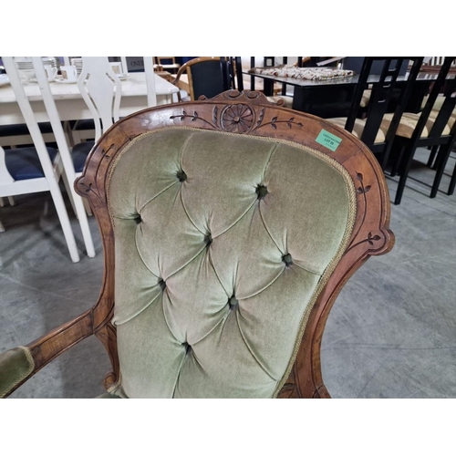 59 - Antique Victorian Spoon Back Open Arm Chair with Button Back Green Fabric, Carved Wood Surround and ... 