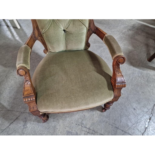 59 - Antique Victorian Spoon Back Open Arm Chair with Button Back Green Fabric, Carved Wood Surround and ... 