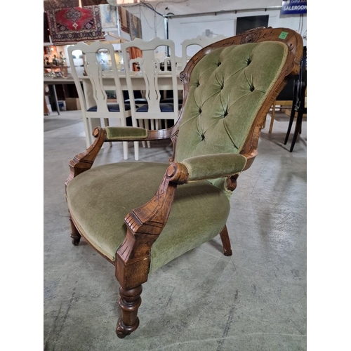 59 - Antique Victorian Spoon Back Open Arm Chair with Button Back Green Fabric, Carved Wood Surround and ... 