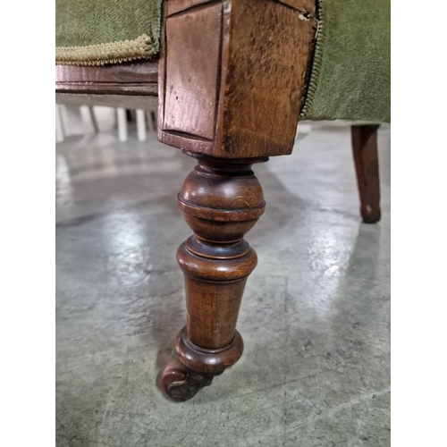 59 - Antique Victorian Spoon Back Open Arm Chair with Button Back Green Fabric, Carved Wood Surround and ... 