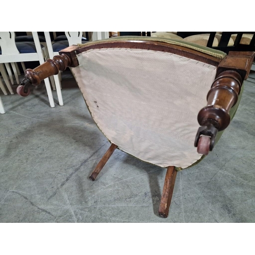 59 - Antique Victorian Spoon Back Open Arm Chair with Button Back Green Fabric, Carved Wood Surround and ... 