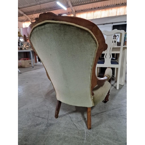 59 - Antique Victorian Spoon Back Open Arm Chair with Button Back Green Fabric, Carved Wood Surround and ... 