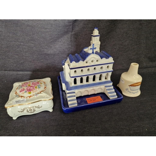 201 - Blue & White Porcelain Church Ornament / Night Light Cover, Together with Decorative Lidded Limoges ... 