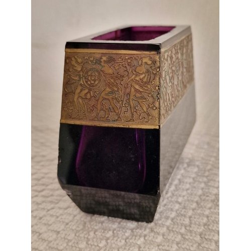 202 - Antique Moser Karlsbad (Czech) Heavy Amethyst Glass Art Deco Vase, Circa 1920's with Gilded Warrior ... 