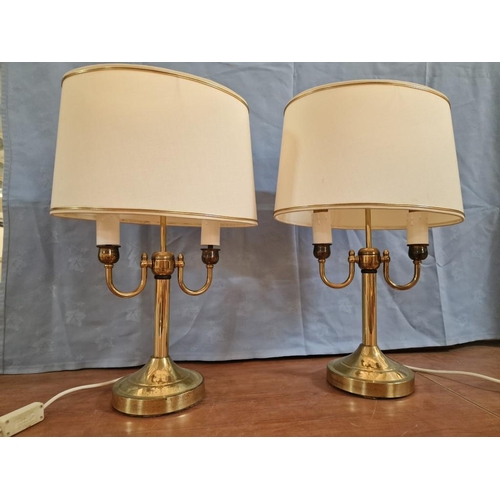 125 - Pair of Bouillotte Style Brass Effect 2-Arm Table / Side Lamps with Cream Shades, (2)