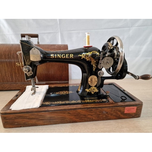 1 - Antique Singer Sewing Machine; Vibrating Shuttle Hand Cranked Sewing Machine, Serial Number Y8394559... 