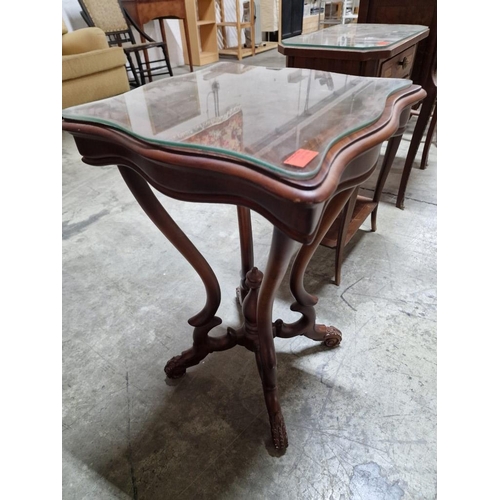 180 - Classical Style Side Table with Inlaid Shaped Top, Over Carved Legs with Scroll Feet, Glass Cover, (... 