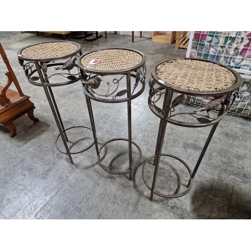 185 - Set of 3 x Decorative Round Metal Side Tables / Plant Stands with Bird Feature and Wicker Top, (Appr... 