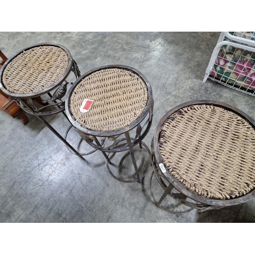 185 - Set of 3 x Decorative Round Metal Side Tables / Plant Stands with Bird Feature and Wicker Top, (Appr... 