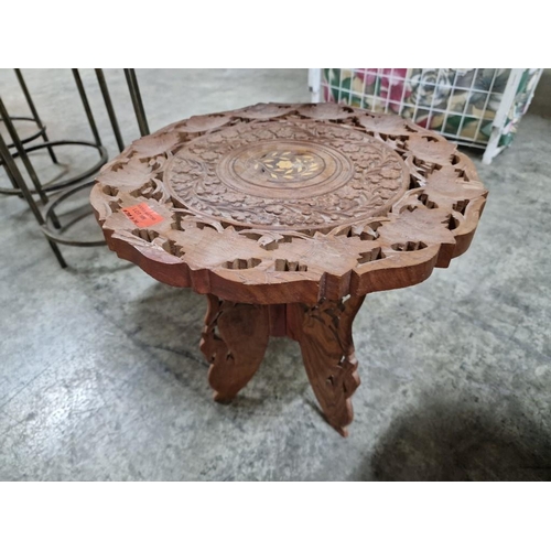 186 - Carved Wood Side Table with Inlaid Top on Folding 3-Leg Base, (Approx. Ø: 37cm, H: 38cm)