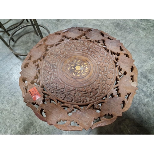 186 - Carved Wood Side Table with Inlaid Top on Folding 3-Leg Base, (Approx. Ø: 37cm, H: 38cm)