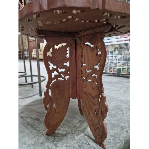 186 - Carved Wood Side Table with Inlaid Top on Folding 3-Leg Base, (Approx. Ø: 37cm, H: 38cm)