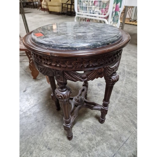 187 - Classical Style Round Side Table with Marble Top and Carved Surround & Legs, (Approx. Ø: 39cm, H: 56... 