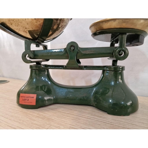 2 - Vintage Kitchen Balance Scales, Green Finish Metal with 2 Brass Pans and Graduating Set of 6 x Brass... 