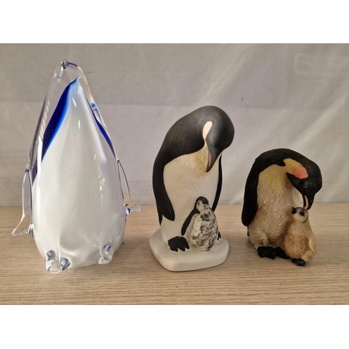 53 - 3 x Penguin Ornaments; 1 x Heavy Coloured Glass (H: 20cm), 'Highbank Porcelain' (Scotland) and Resin... 