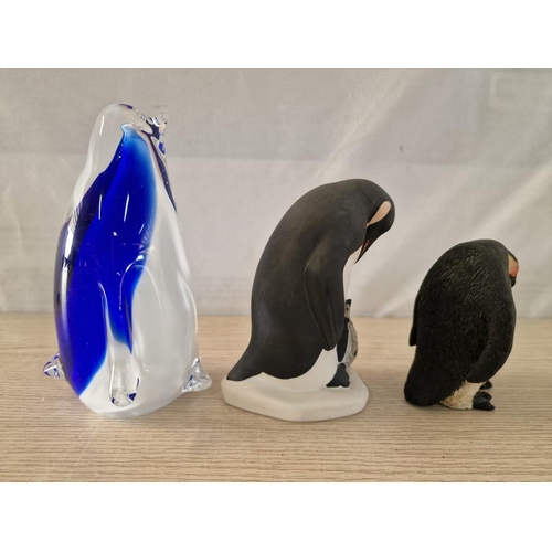 53 - 3 x Penguin Ornaments; 1 x Heavy Coloured Glass (H: 20cm), 'Highbank Porcelain' (Scotland) and Resin... 