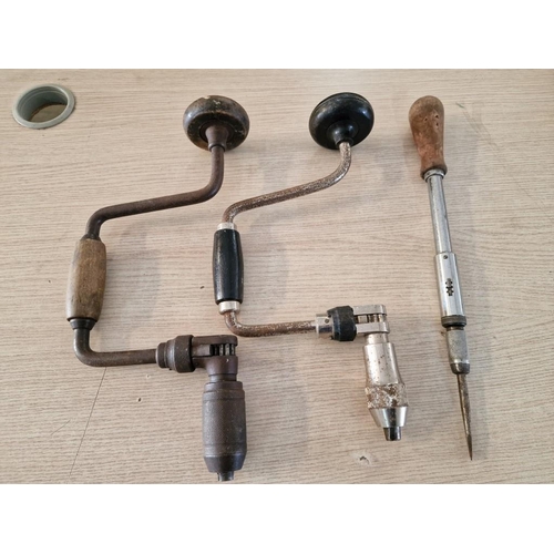 62 - 2 x Vintage Brace Drills, Together with Ratchet Screwdriver, (3)