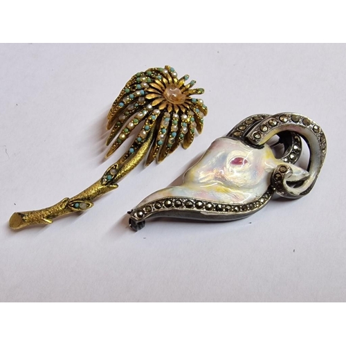 164 - Vintage Silver and Shell(?) Ram Brooch Set with Stones, Together with Gold Tone Flower Broach Set wi... 