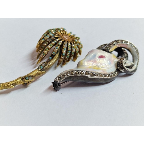 164 - Vintage Silver and Shell(?) Ram Brooch Set with Stones, Together with Gold Tone Flower Broach Set wi... 