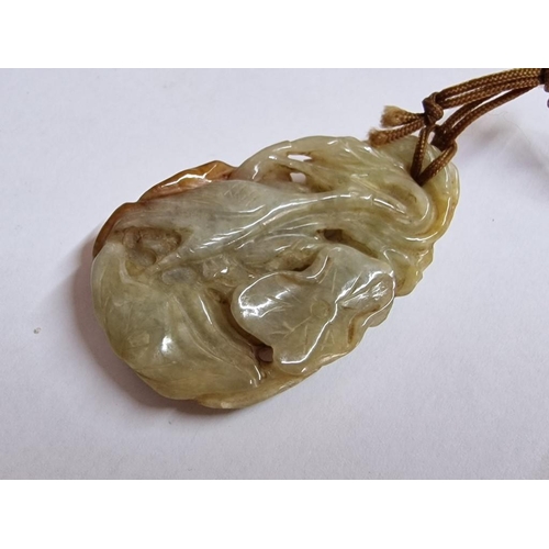 166 - Carved Jade(?) Pendant on Rope Necklace, (Approx. H: 5cm)