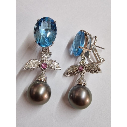 169 - Pair of 18ct White Gold Earrings with Large Topaz, Hanging Black Pearl(?) and 'Angel' Design Wings w... 