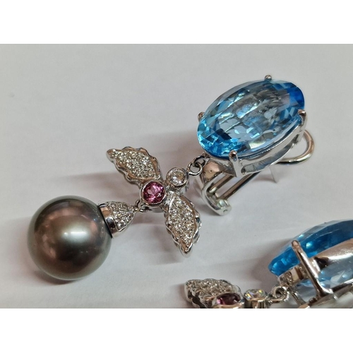 169 - Pair of 18ct White Gold Earrings with Large Topaz, Hanging Black Pearl(?) and 'Angel' Design Wings w... 