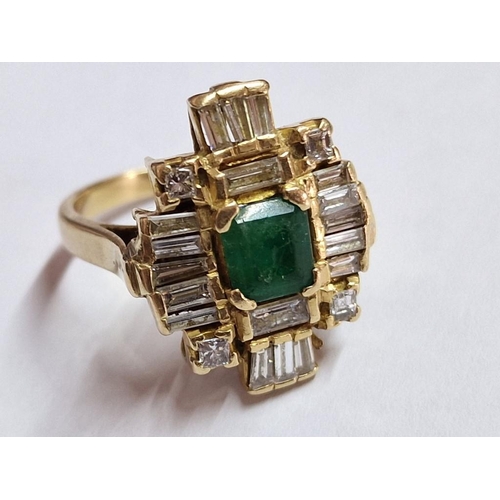 170 - 18ct Gold, Diamond and Emerald Ring; Emerald Cut Emerald, (Approx. 1ct / 6mm x 7mm), with Surroundin... 