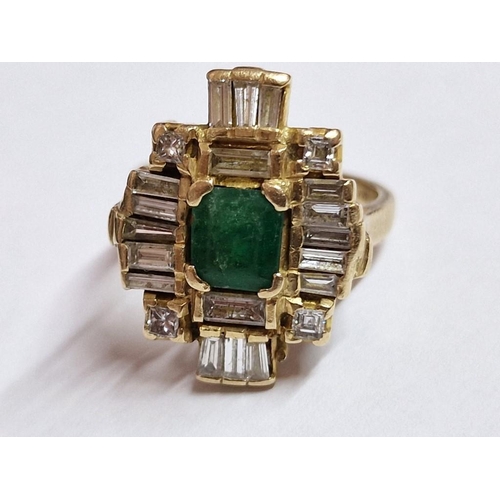 170 - 18ct Gold, Diamond and Emerald Ring; Emerald Cut Emerald, (Approx. 1ct / 6mm x 7mm), with Surroundin... 