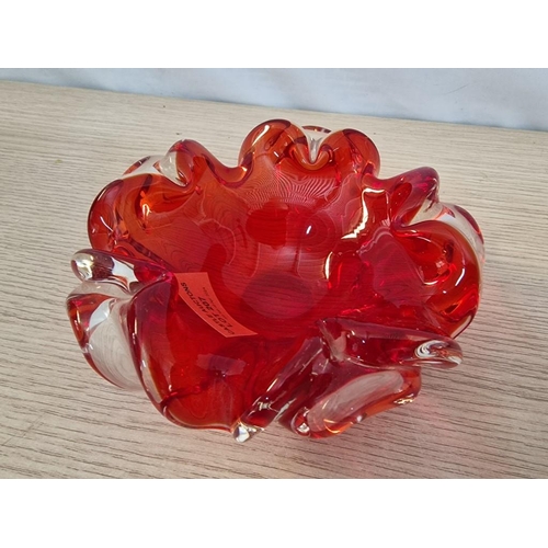 207 - Murano Red Art Glass Floral Ash Tray / Bowl