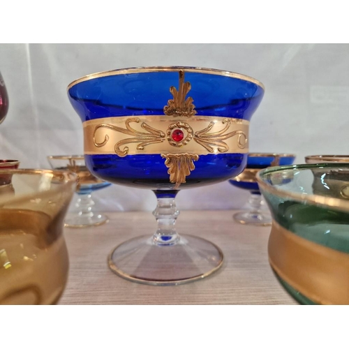 208 - Colourful Bohemia Glass / Venetian Style Glass Set of Gilded Compote Pedestal Bowl and 6 x Dessert C... 