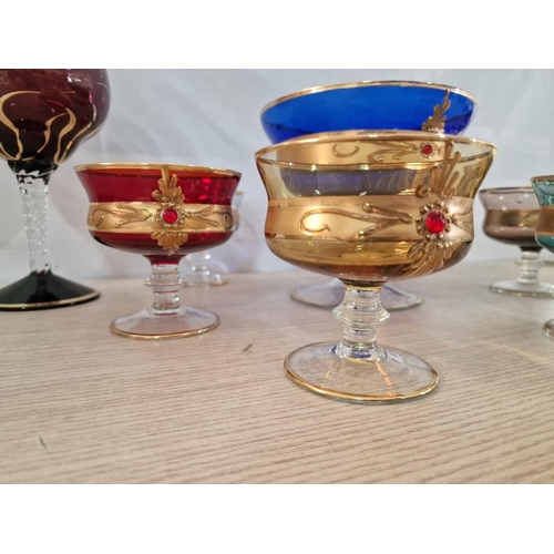 208 - Colourful Bohemia Glass / Venetian Style Glass Set of Gilded Compote Pedestal Bowl and 6 x Dessert C... 