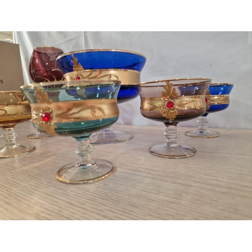 208 - Colourful Bohemia Glass / Venetian Style Glass Set of Gilded Compote Pedestal Bowl and 6 x Dessert C... 