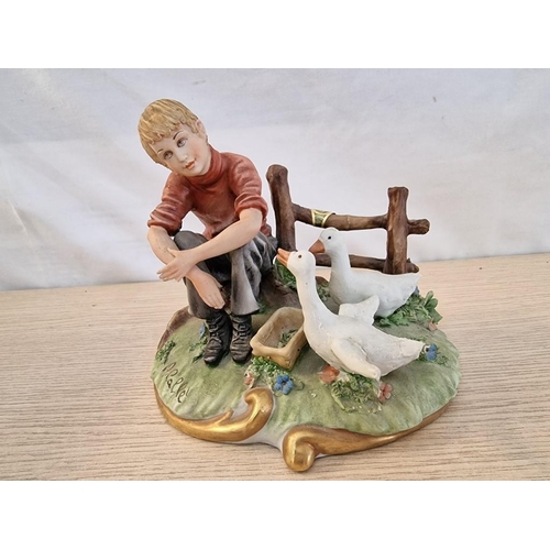 214 - Capodimonte Porcelain Figurine Boy Sat on Ground with 2 x Ducks, Made in Italy, (Nb. Noted One Wing ... 