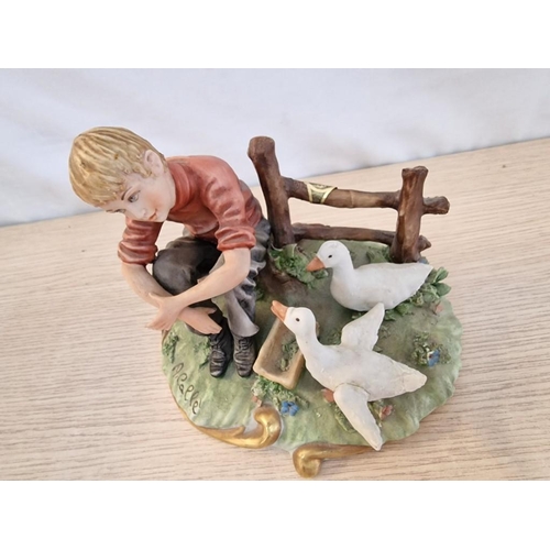 214 - Capodimonte Porcelain Figurine Boy Sat on Ground with 2 x Ducks, Made in Italy, (Nb. Noted One Wing ... 