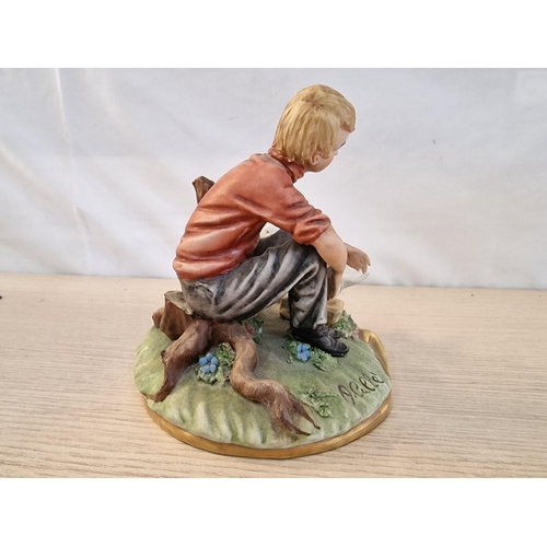 214 - Capodimonte Porcelain Figurine Boy Sat on Ground with 2 x Ducks, Made in Italy, (Nb. Noted One Wing ... 