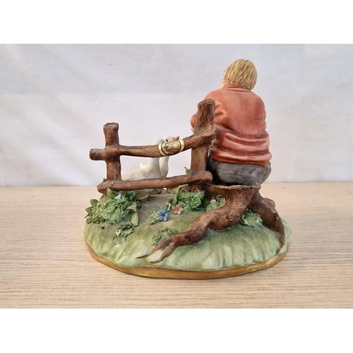 214 - Capodimonte Porcelain Figurine Boy Sat on Ground with 2 x Ducks, Made in Italy, (Nb. Noted One Wing ... 