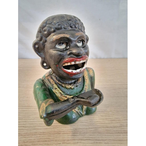 74 - 'Dinah', Vintage Cast Iron Mechanical Coin Bank, Resembles Caricature of a Black Person: Back Lever ... 