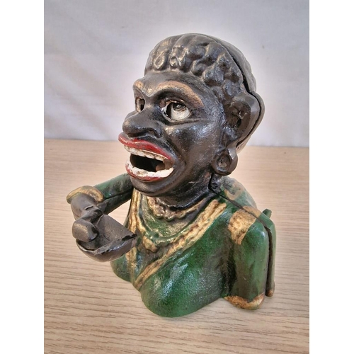 74 - 'Dinah', Vintage Cast Iron Mechanical Coin Bank, Resembles Caricature of a Black Person: Back Lever ... 