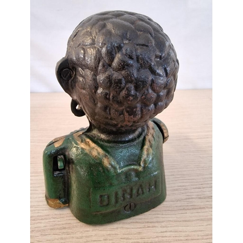 74 - 'Dinah', Vintage Cast Iron Mechanical Coin Bank, Resembles Caricature of a Black Person: Back Lever ... 