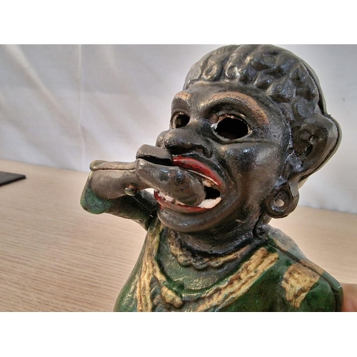 74 - 'Dinah', Vintage Cast Iron Mechanical Coin Bank, Resembles Caricature of a Black Person: Back Lever ... 