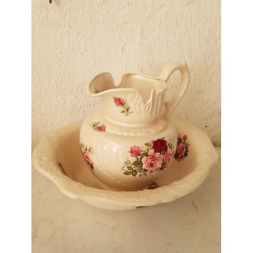 738 - Vintage Style Wash Basin Bowl with Jug (A/F) with Floral Pattern Staffordshire (Bowl 40 x 35cm and J... 